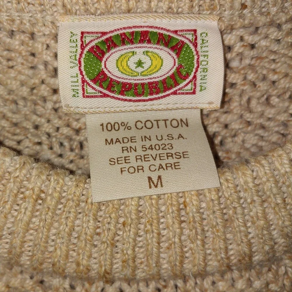 Vintage Banana Republic Mill Valley Basketwave Knit Cotton Sweater Size M Tan